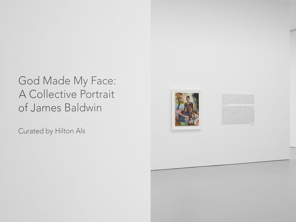 Installation view of” God Made My Face: A Collective Portrait of James Baldwin” at the David Zwirner Gallery, with Beauford Delaney’s “Dark Rapture (James Baldwin)” (1941) to the right <br>(Courtesy David Zwirner)